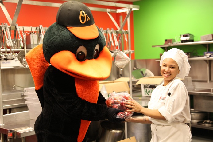 Orioles Bird helps our FoodWorks kitchen students