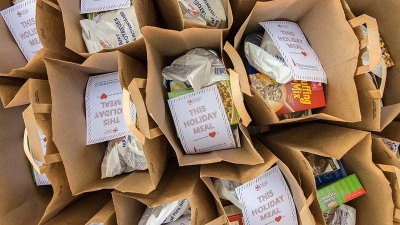 holiday meal bags packed on a pallet