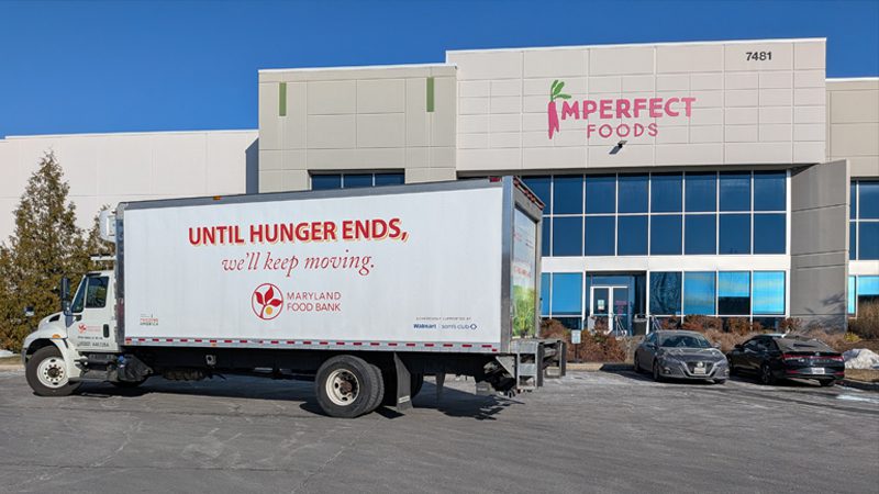 Maryland Food Bank truck parked outside of Imperfect Foods building